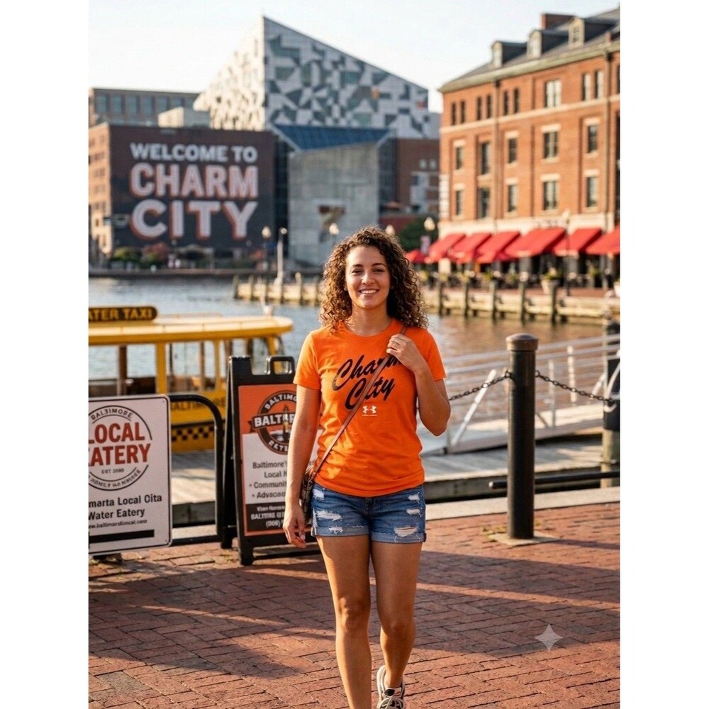 Under Armour Womens Medium Charm City HeatGear Graphic T-Shirt Orange Loose Fit